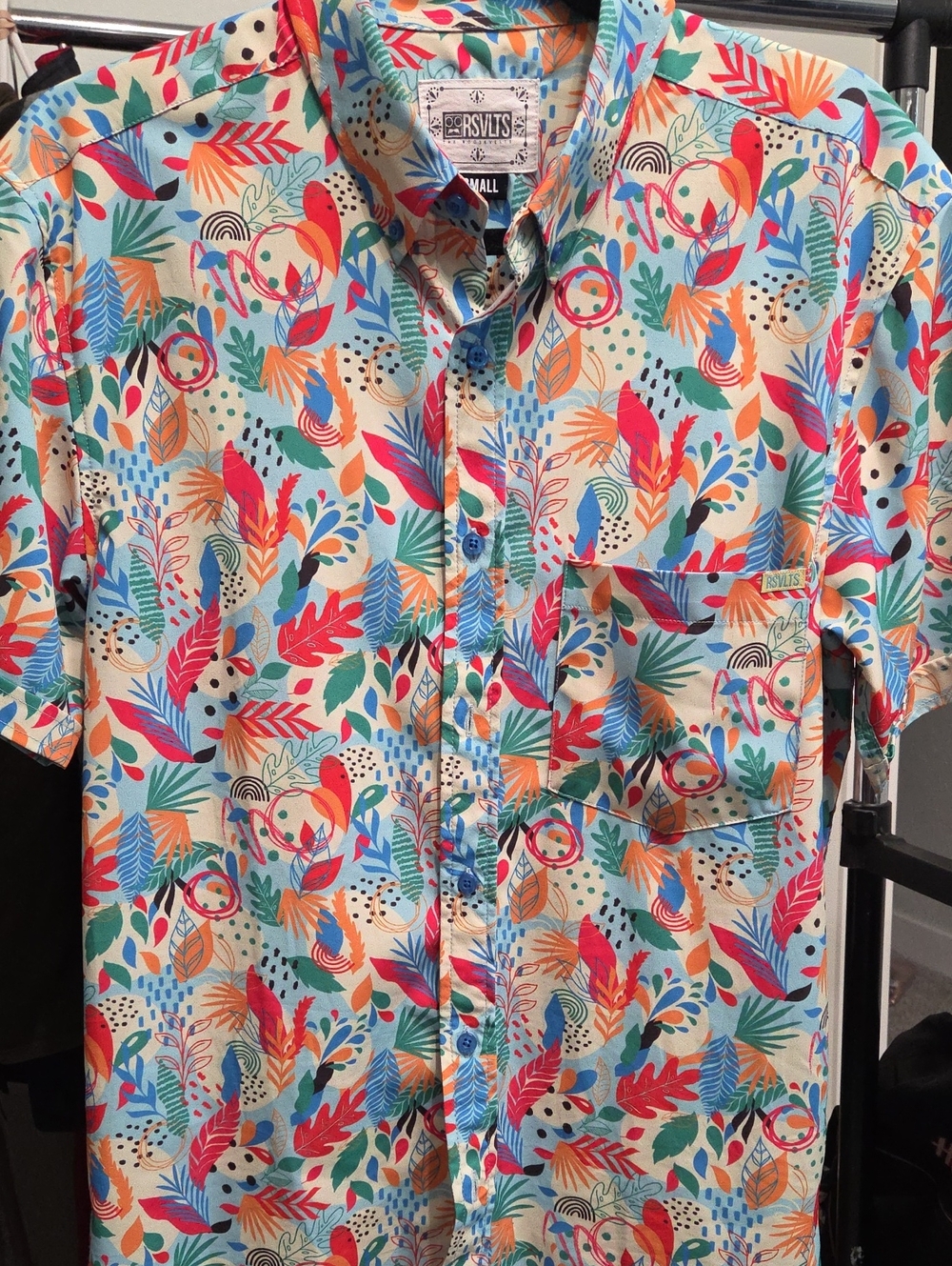 RSVLTS Men’s Short-Sleeve Button-Down Shirt — Tropical Multicolor Print
